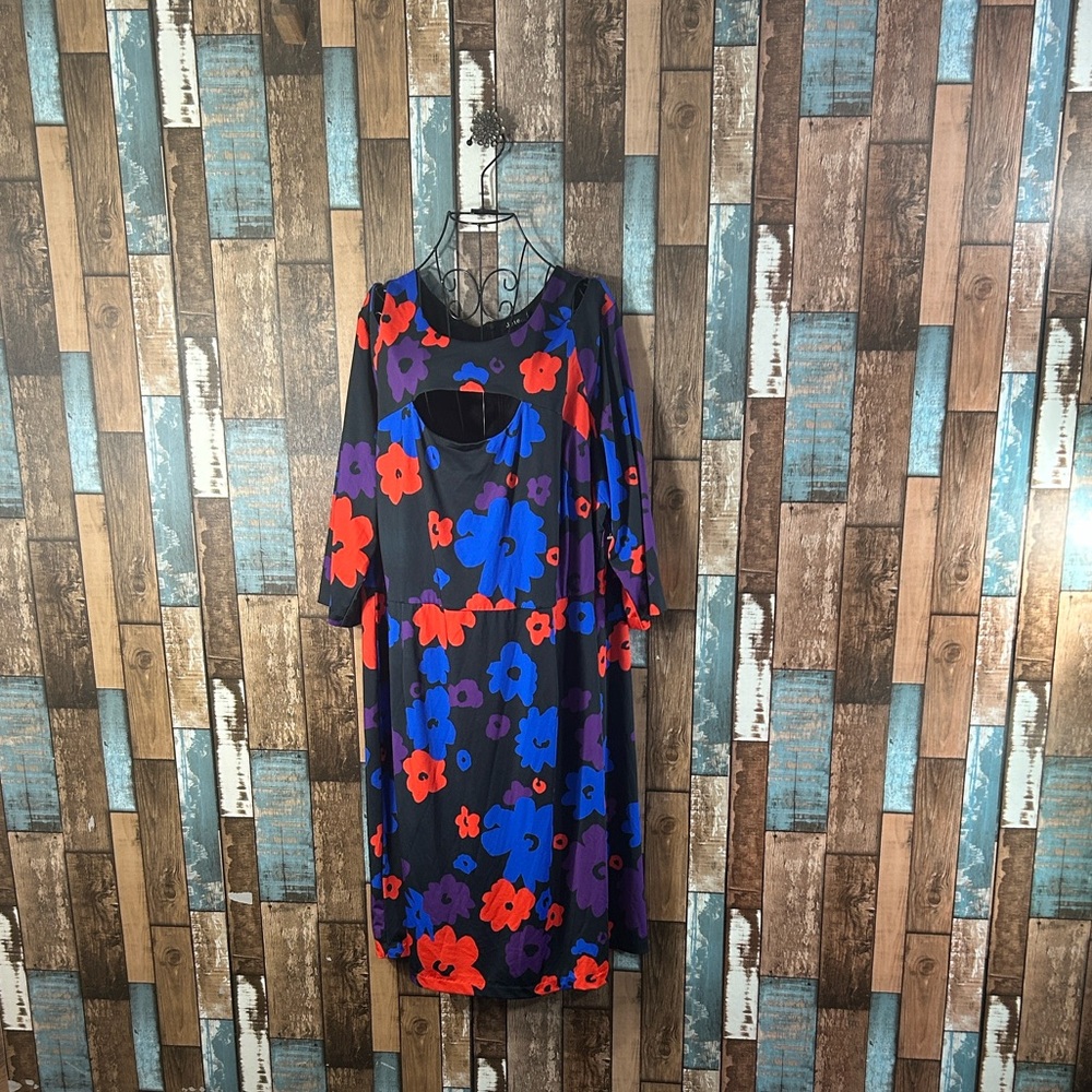 Jete open shoulder Floral Dress in Black and Red